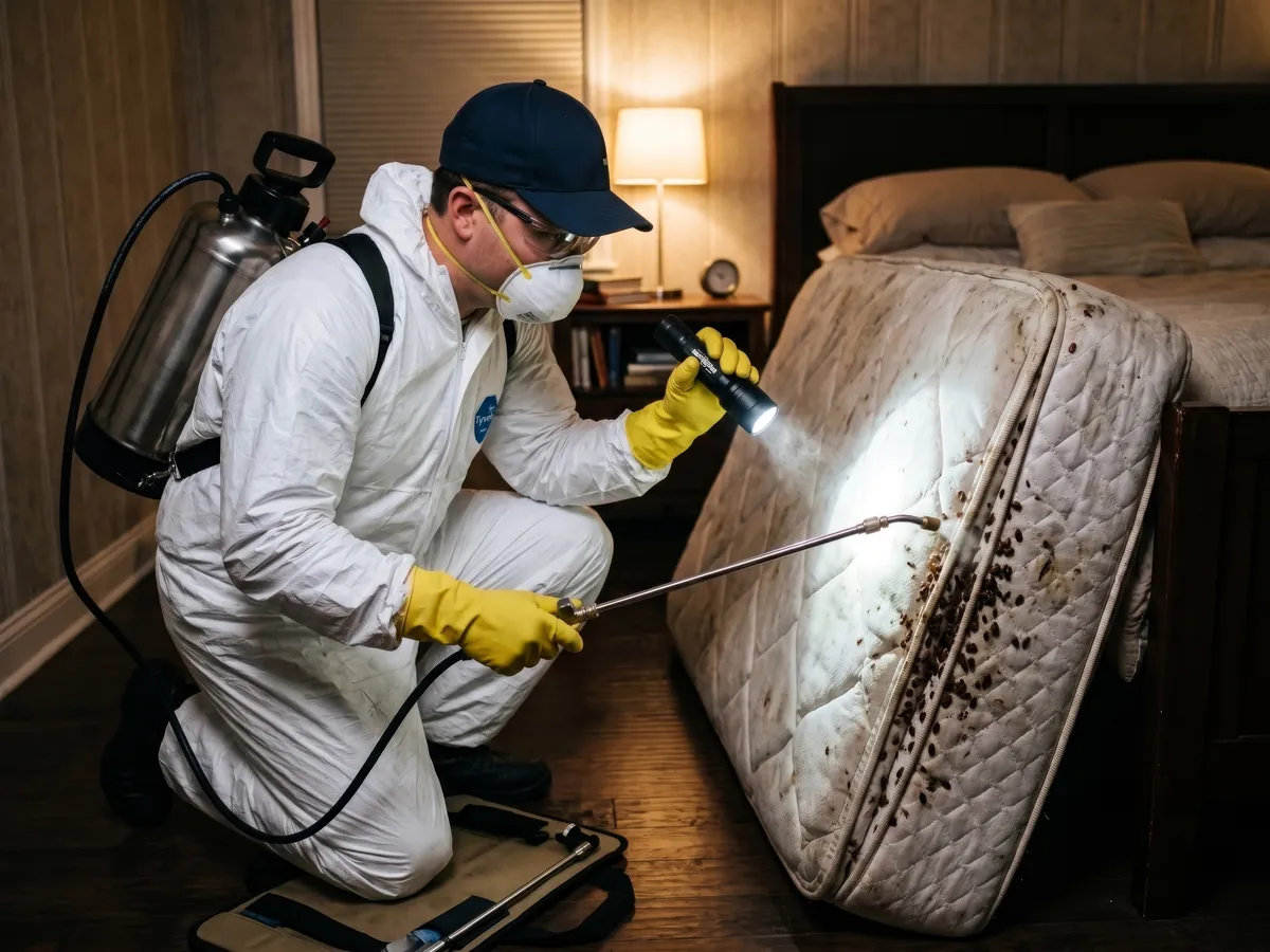 Technicien en combinaison de protection qui inspecte à la lampe un matelas infesté
