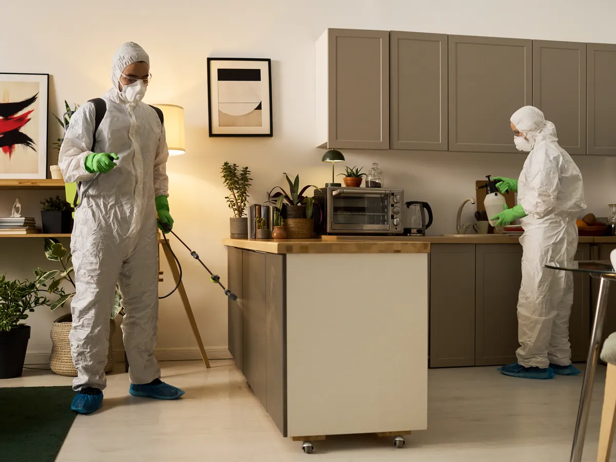 Deux techniciens en combinaison de protection qui traitent un appartement
